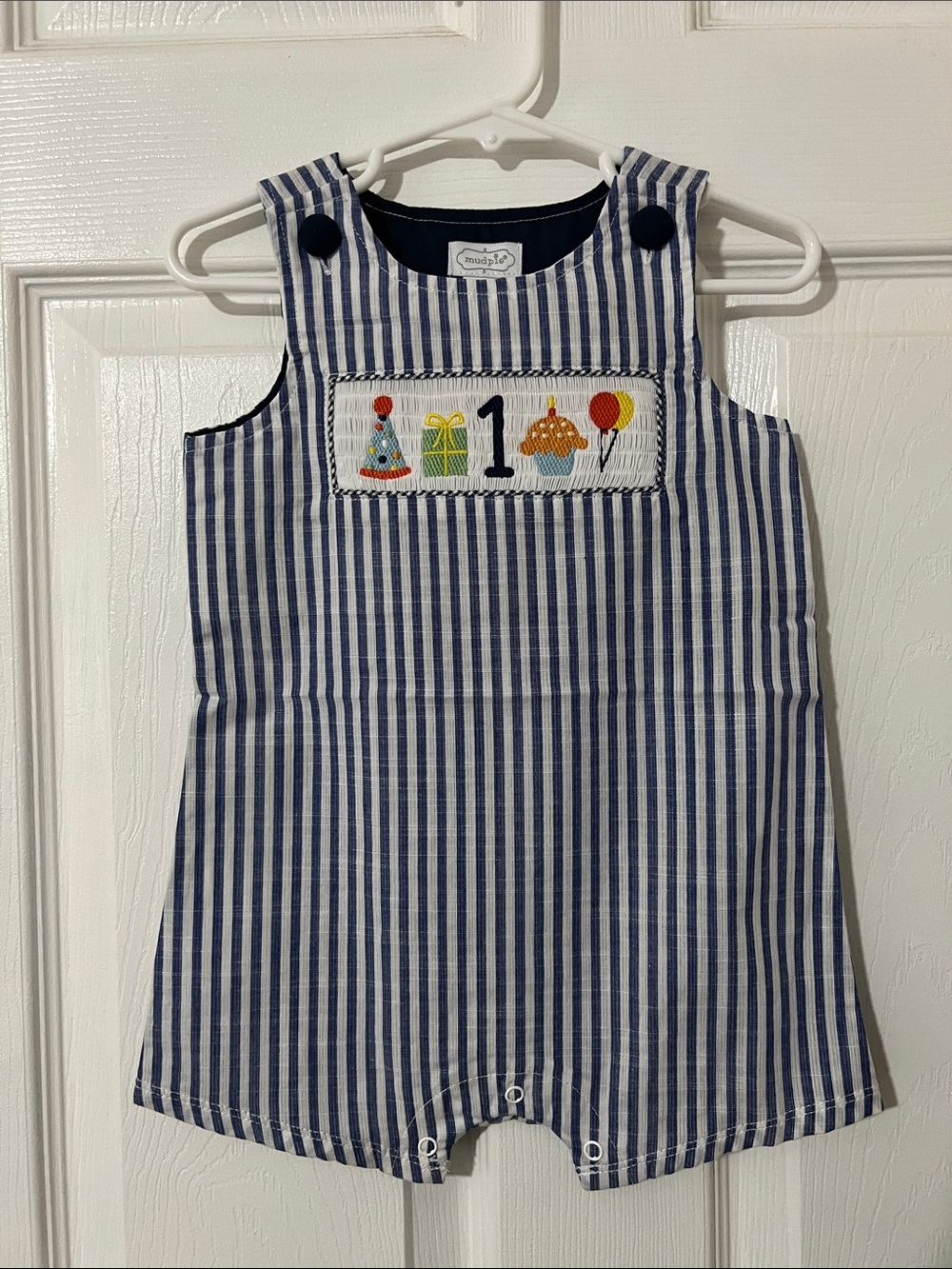 NWT Mud Pie Navy & White Striped First Birthday Romper Boys 12-18 Months
